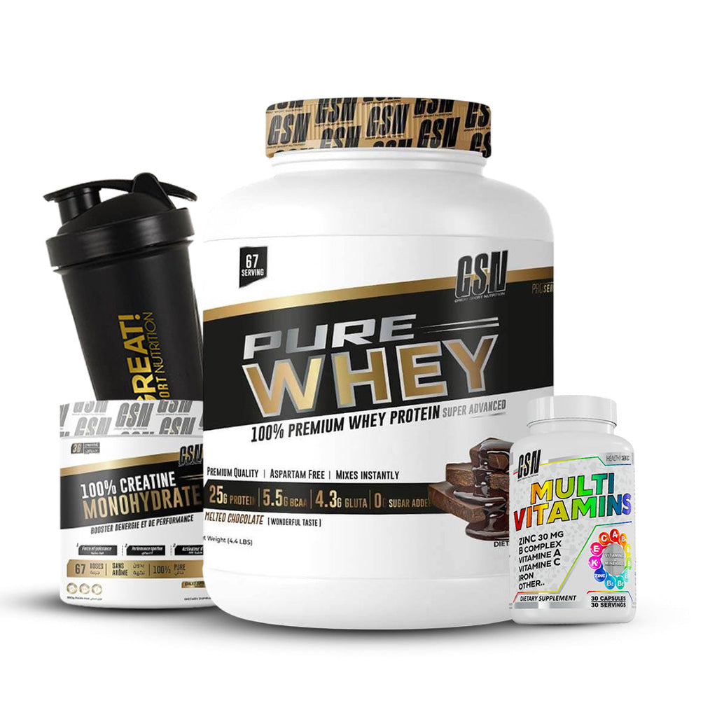 Pack pure whey gsn 2kg + creatine gsn 200g + Multivitamin gsn 30 caps + shaker gsn