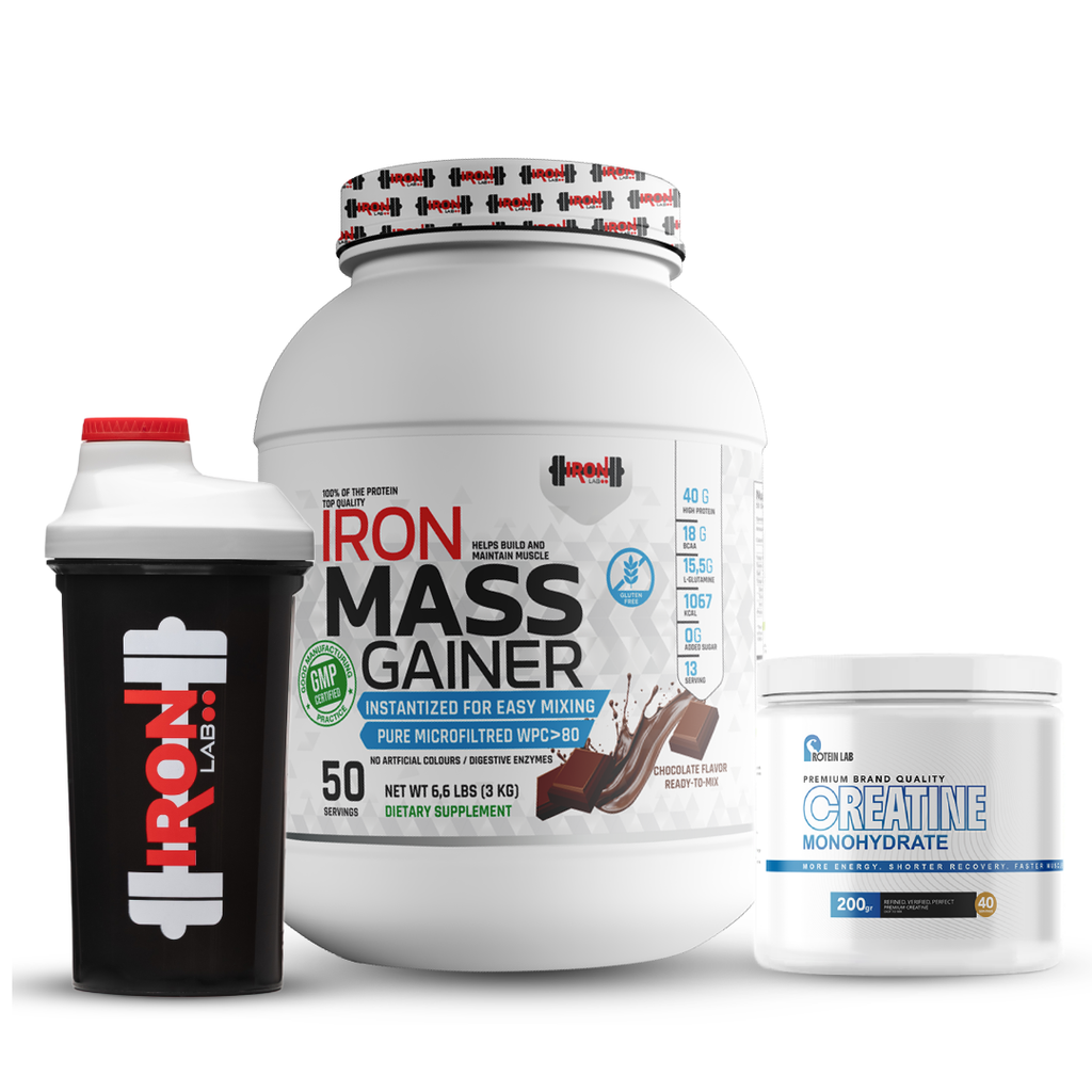 Pack Mass Gainer 3 kg + Shaker | Iron Lab + Créatine Monohydrate 200 g | Protein Lab