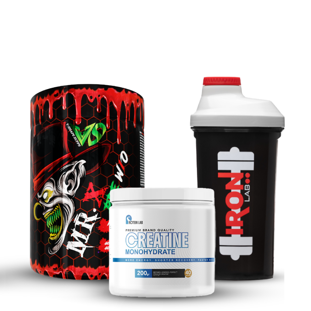 Pack V-Shape : Mr. X PRE W/O 375 g + Créatine Monohydrate 200g – Protein Lab + Shaker
