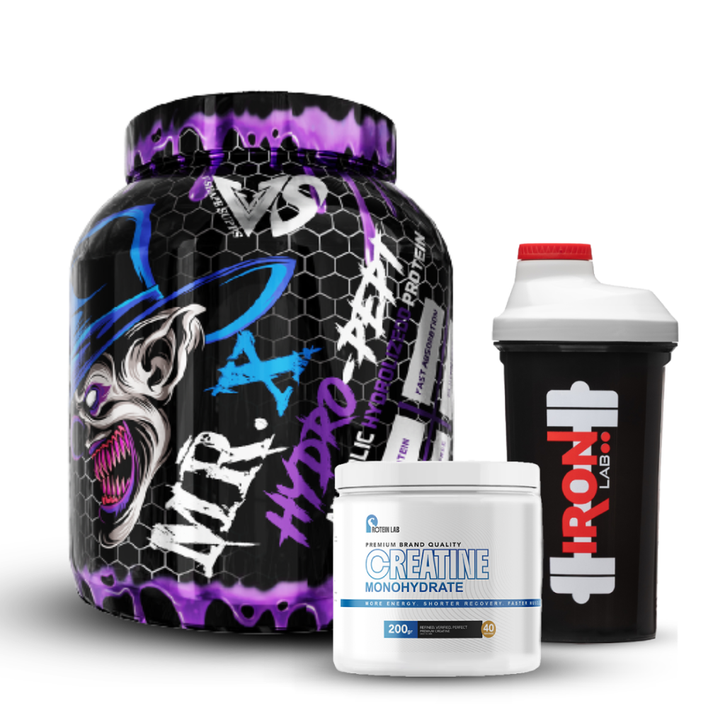 Pack V-Shape : Mr. X Hydro-PEPT 1.8 kg + Créatine Monohydrate 200g – Protein Lab + Shaker