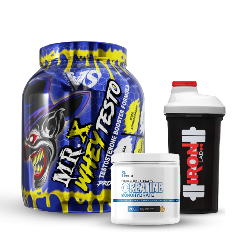 Pack V-Shape : Mr. X Whey Testo 1.8 kg + Créatine Monohydrate 200g – Protein Lab + Shaker