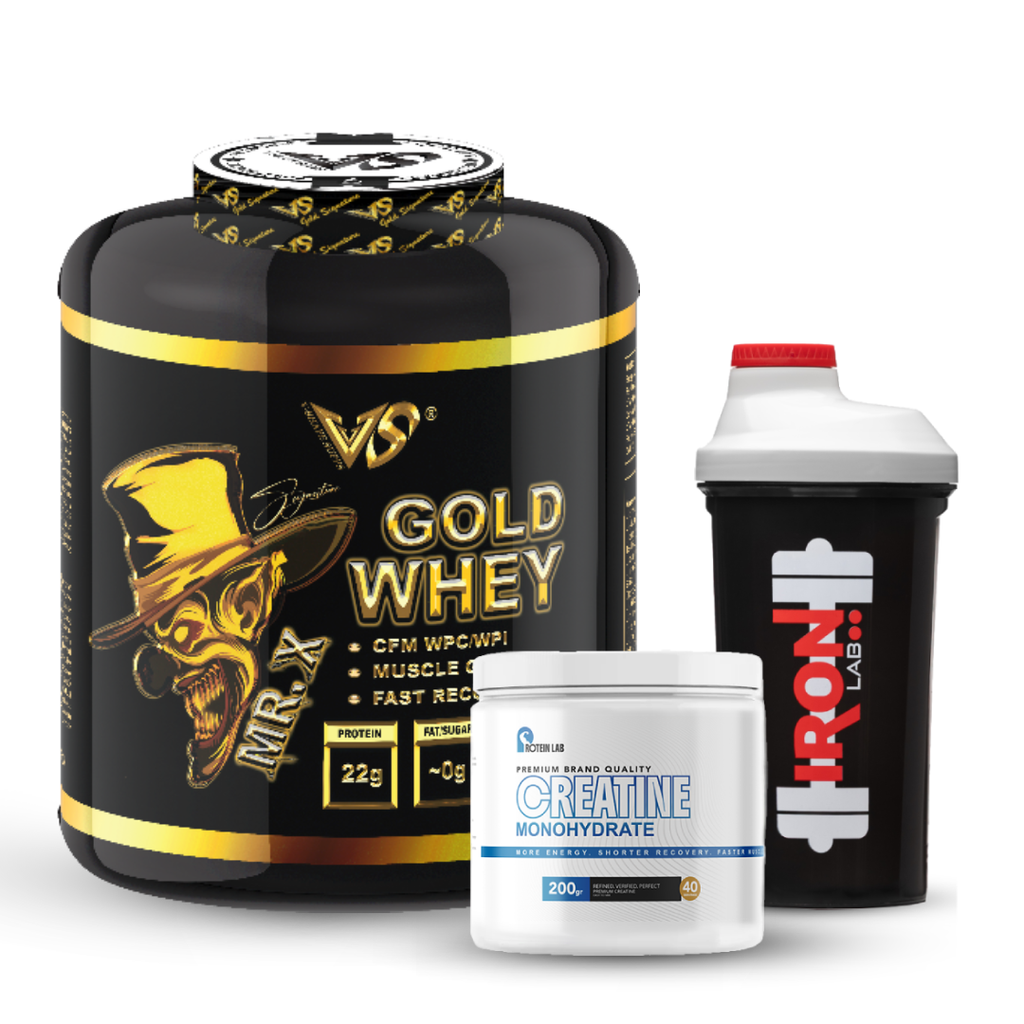 Pack V-Shape : Mr. X Gold Whey 2.25 kg + Créatine Monohydrate 200g – Protein Lab + Shaker