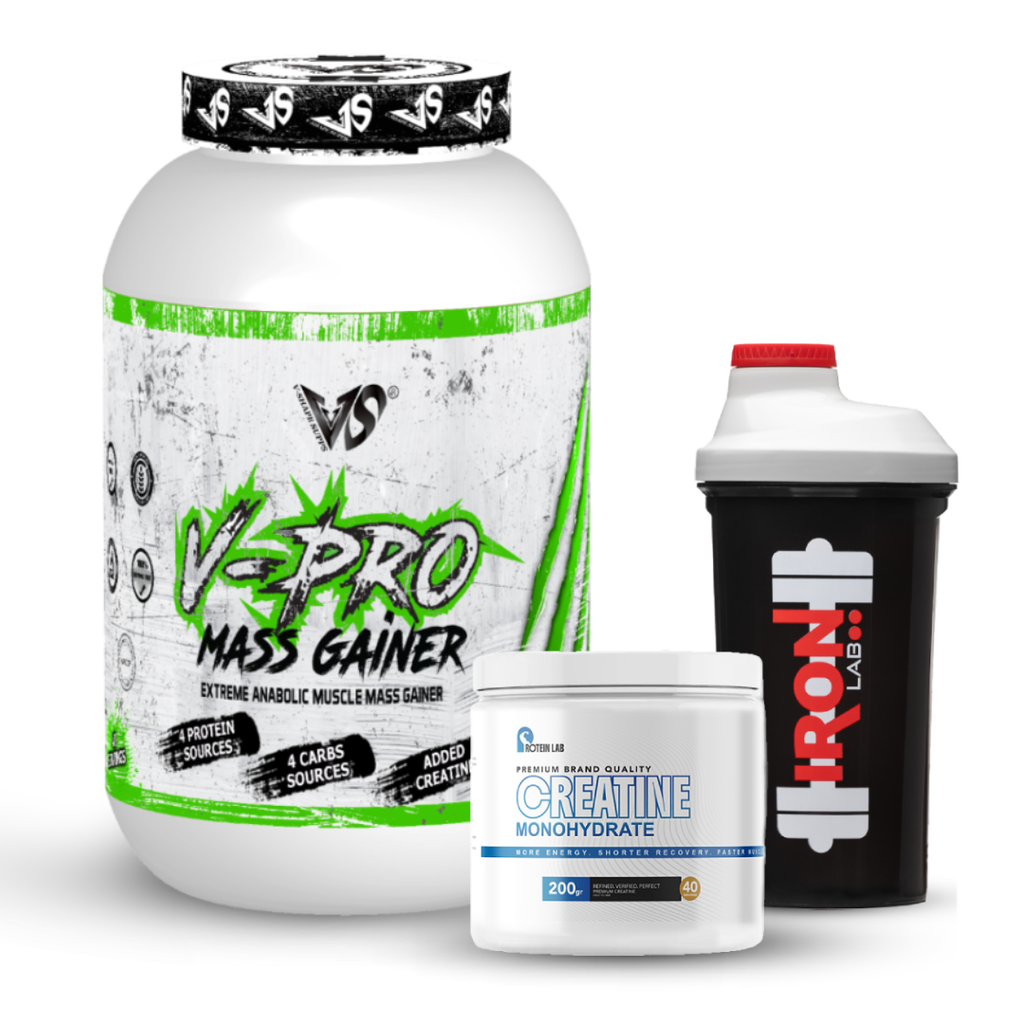 Pack V-Shape : V-Pro Mass Gainer 3 kg + Créatine Monohydrate 200g – Protein Lab + Shaker