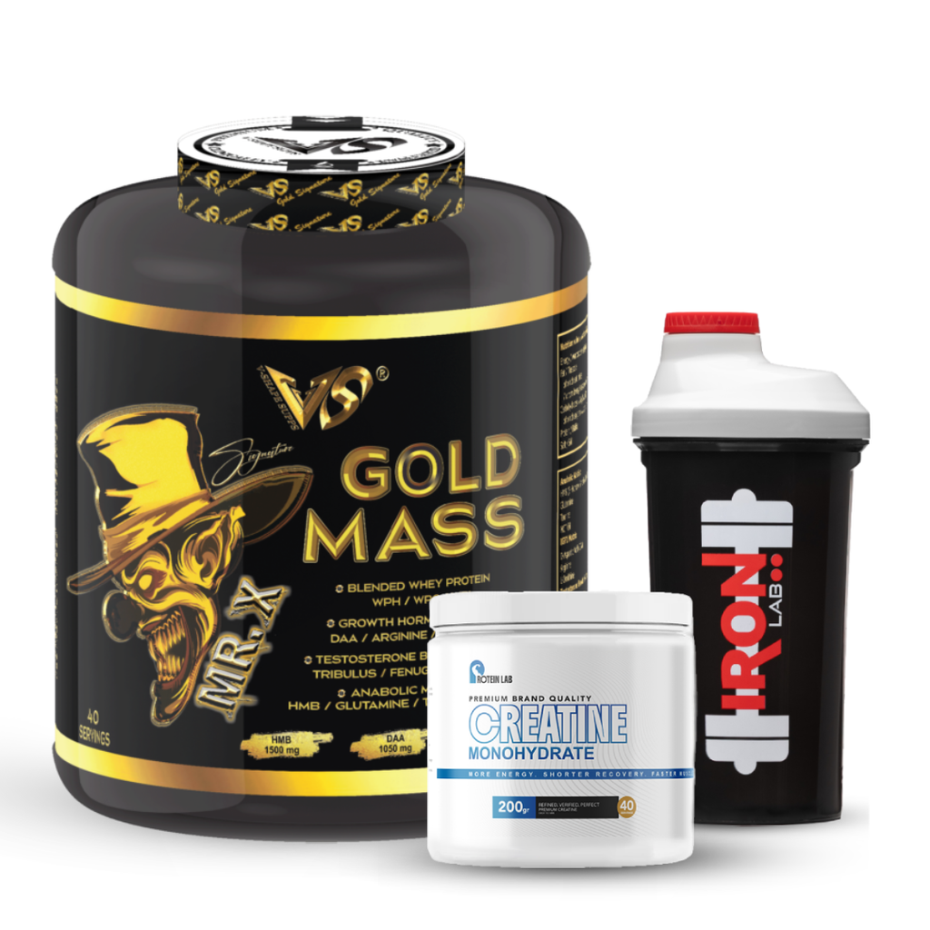 Pack V-Shape : Mr. X Gold Mass 3 kg + Créatine Monohydrate 200g – Protein Lab + Shaker
