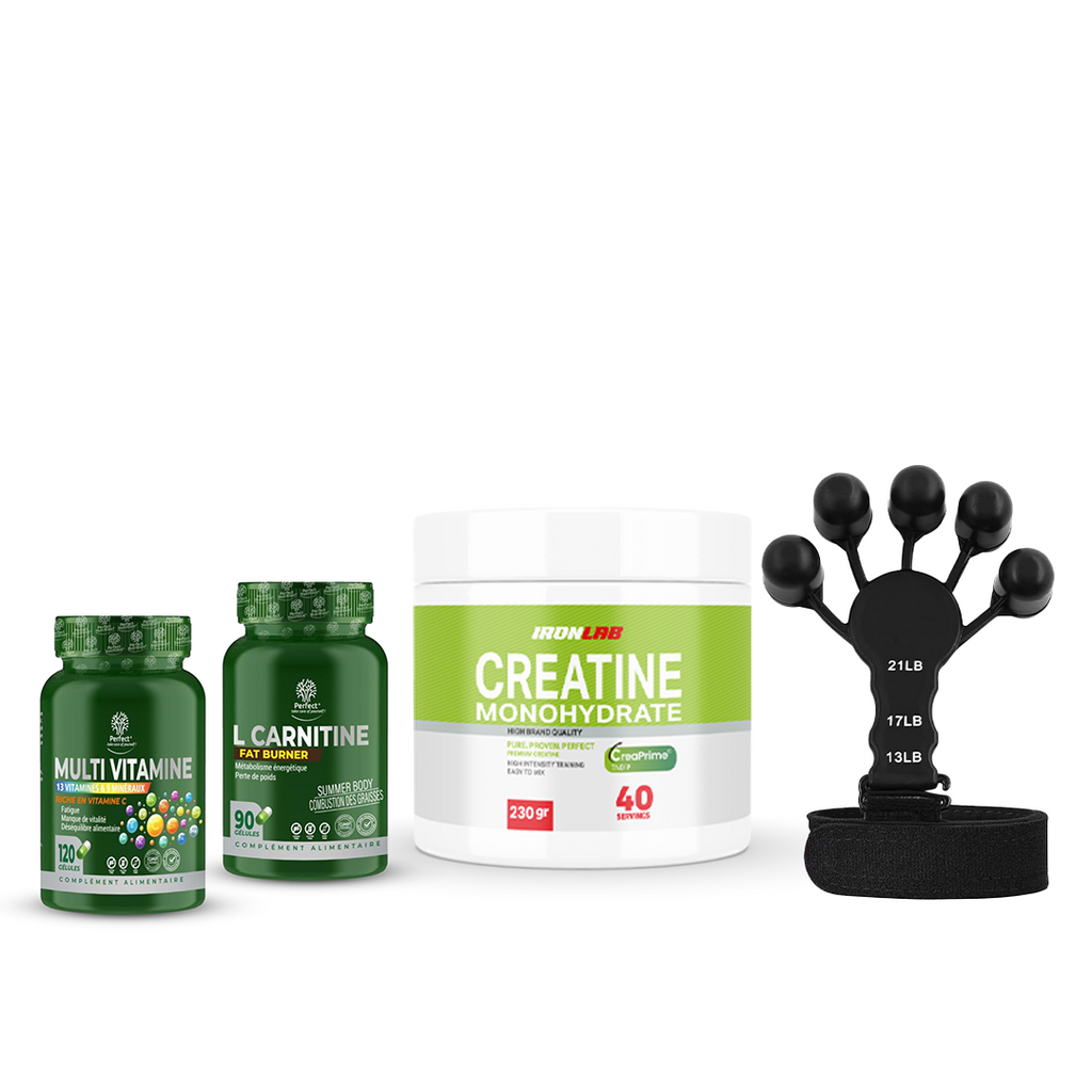 Pack Créatine Monohydrate Creaprime® 230g | Iron Lab + Multivitamines | Perfect + L-Carnitine | Perfect + Finger Trainer