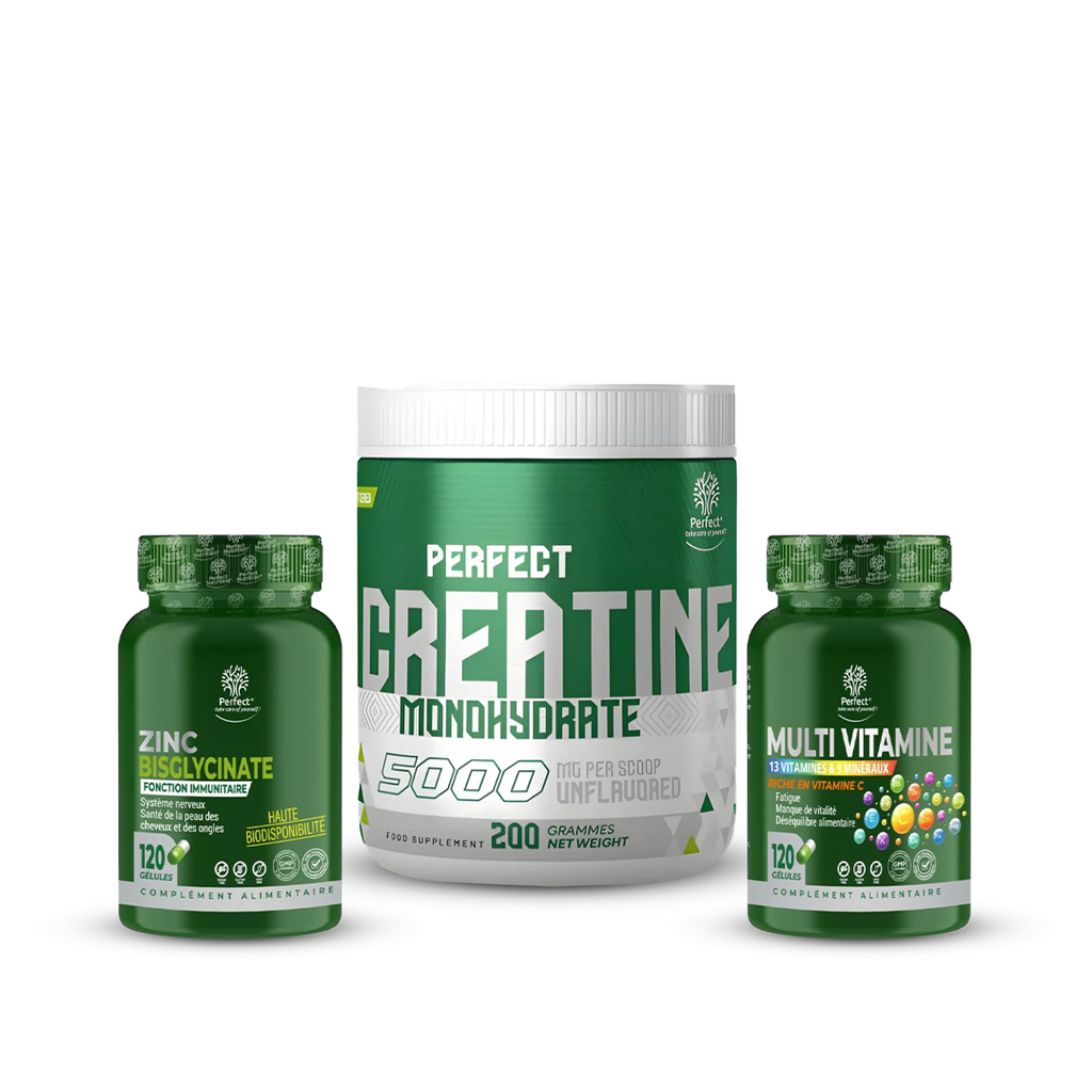 Pack Creatine 200 g + Multivitamine 120 caps + Zinc 120 caps – Perfect Nutrition