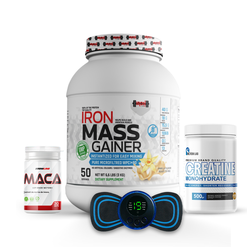 Pack Mass Gainer 3KG + Créatine 500g + MACA/Guarana/Tribulus + Mini Massage Stick