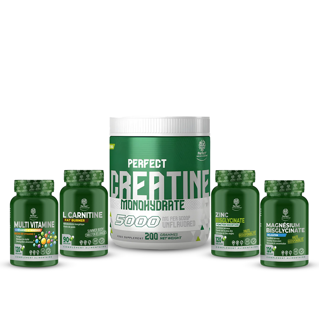 Pack Créatine Monohydrate 200g | Perfect + 2 Compléments au choix (Multivitamines, Zinc, Magnésium, L-Carnitine) | Perfect