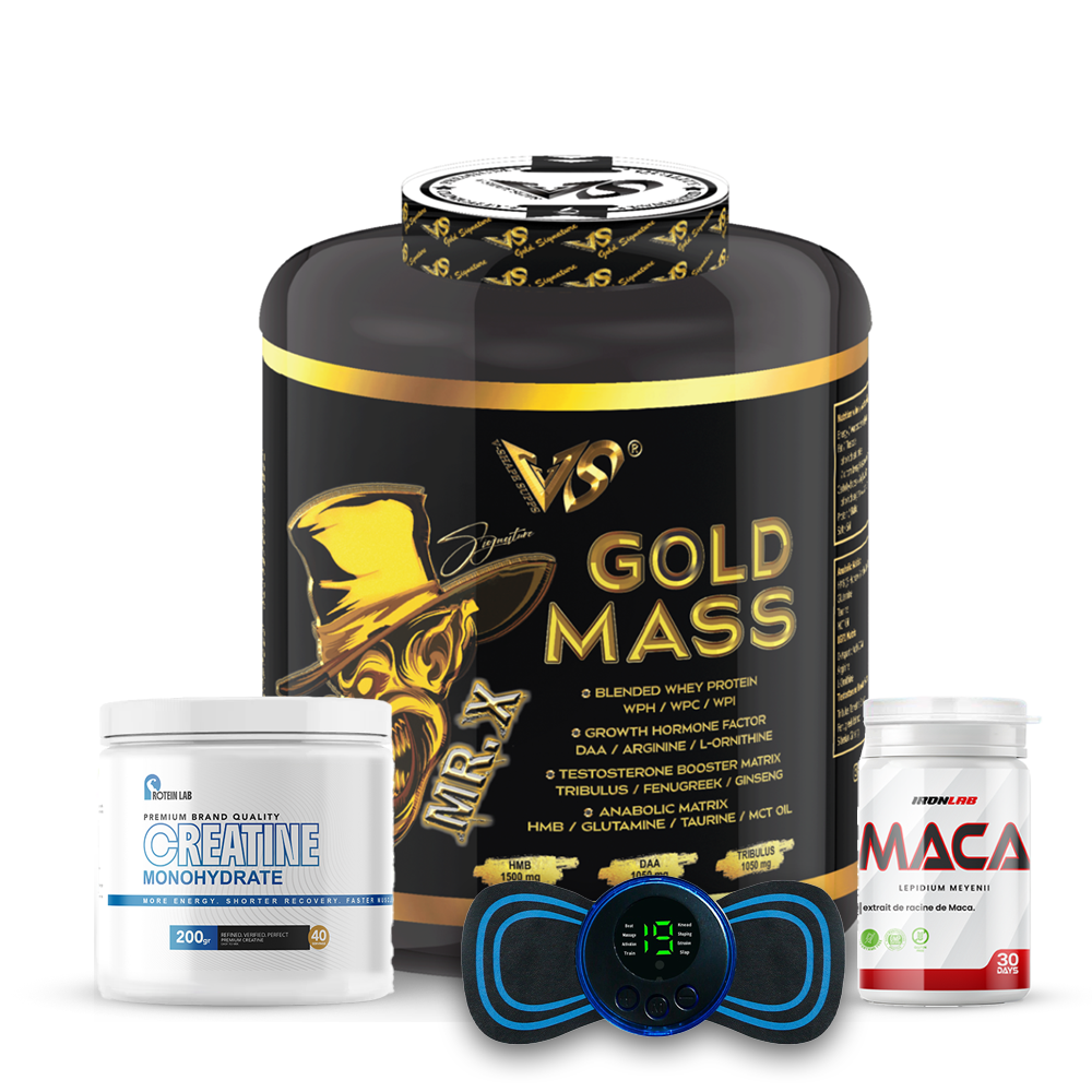 Pack Mr. X Gold Mass 3KG + Créatine 200g + MACA/Guarana/Tribulus au choix + Mini Massage Stick